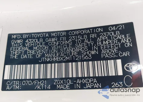 2021 Toyota C-Hr Le z USA, uszkodzony, nr VIN JTNKHMBX2M1121563